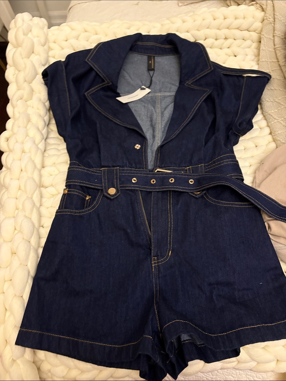 Commense Dark Blue Denim Short Sleeve Jumpsuit Romper with Belt